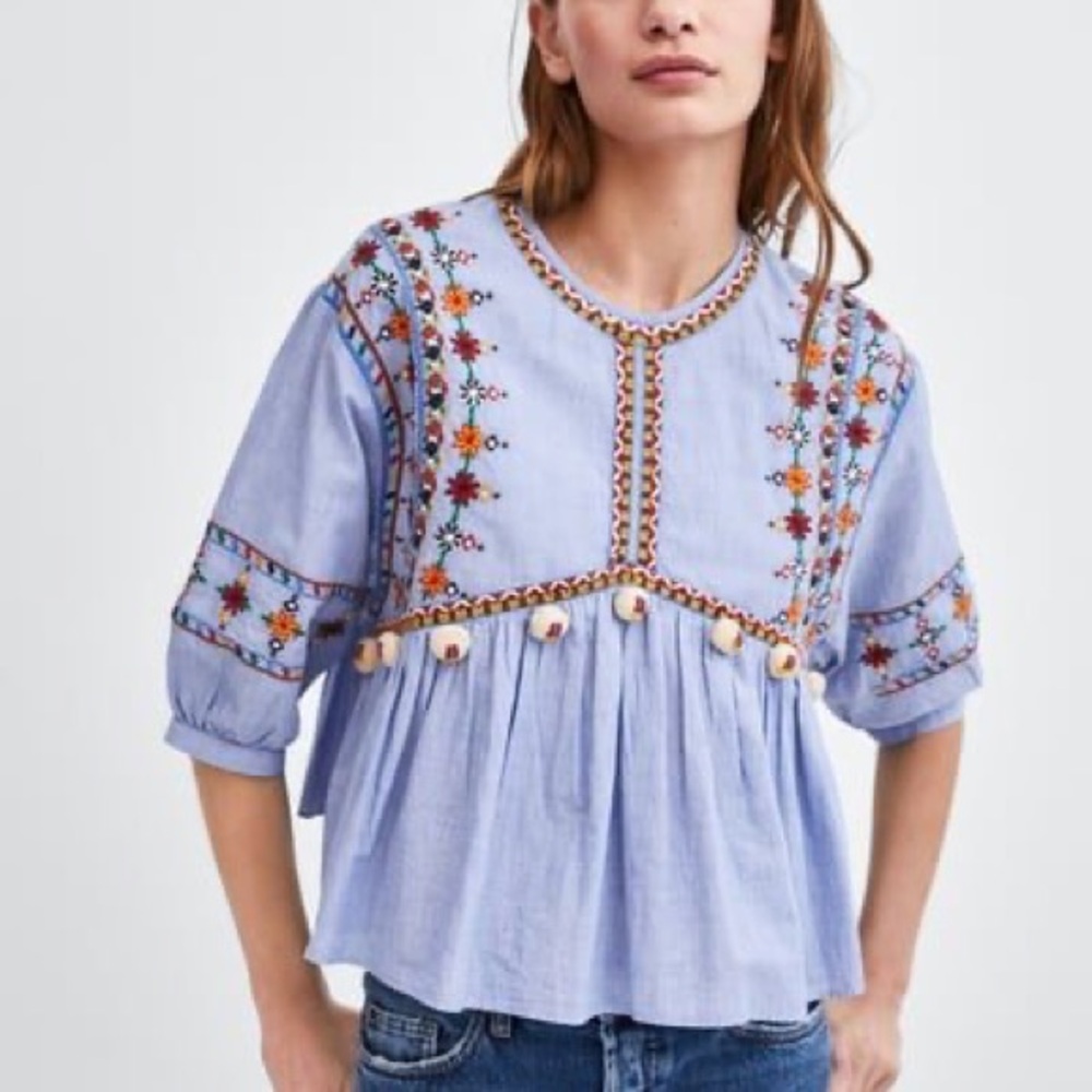 Zara Trafaluc Embroidered Pom Pom Peasant Top